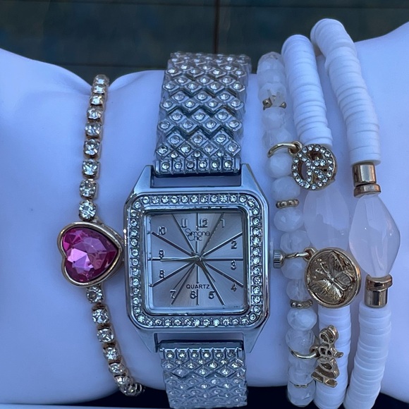 Accessories - 5pc Silver & Pink Watch Set - Rhinestone Heart Bracelet & Beaded Stack NEW